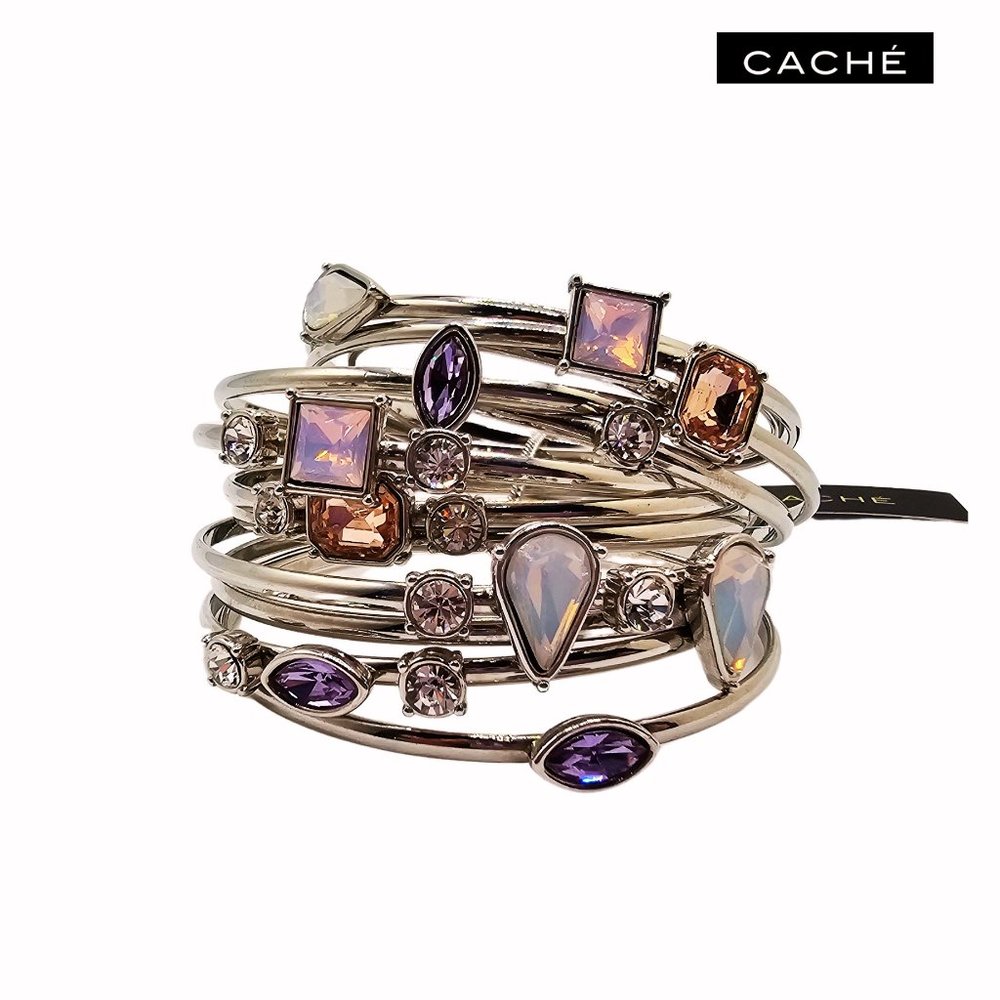 Cache Sparkle Iridescent Silver Jewel Tone Stacked Bracelet Bangle Set of 12